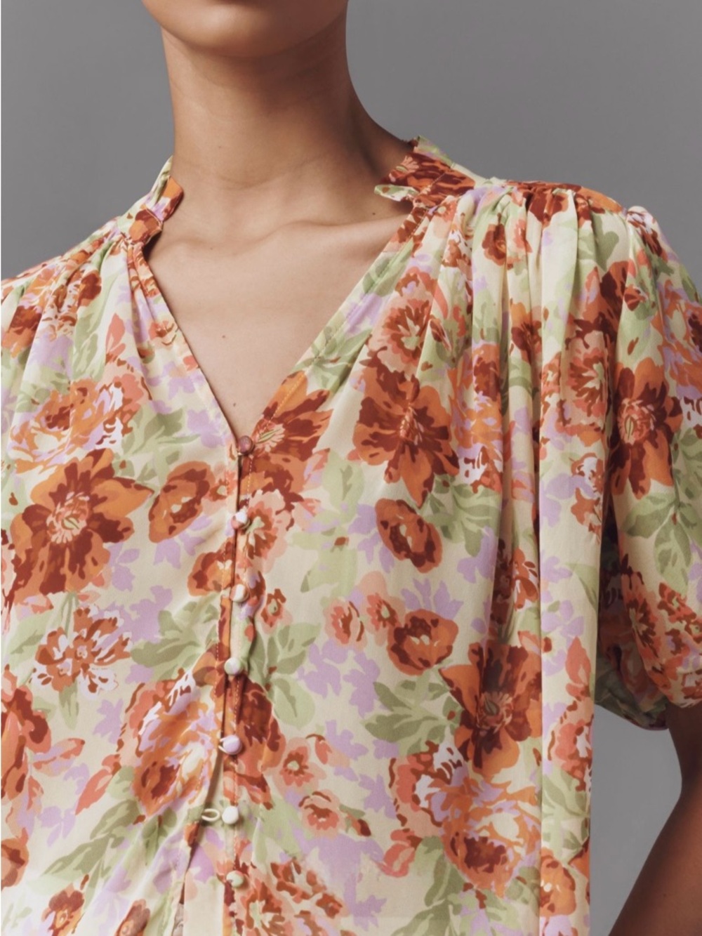 Anthropologie The Estela Short-Sleeve Viscose Sheer Floral Blouse Sz Large - Picture 4 of 9
